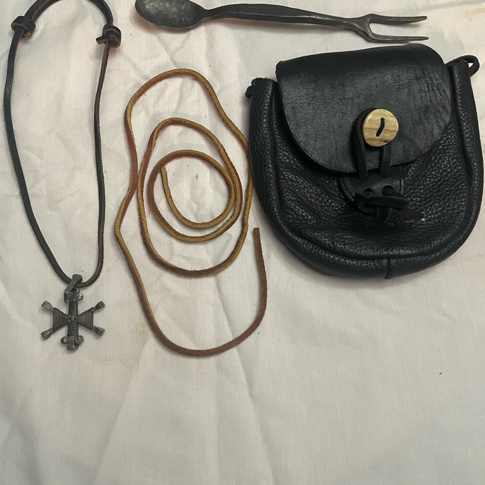 Reinassance items, necklace, extra leather cord, spoon/fork and leather satchel